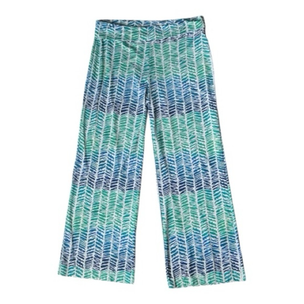 Reel Legends Pull on Palazzo Pants Blue & Green Chevron Tropical Style Design L